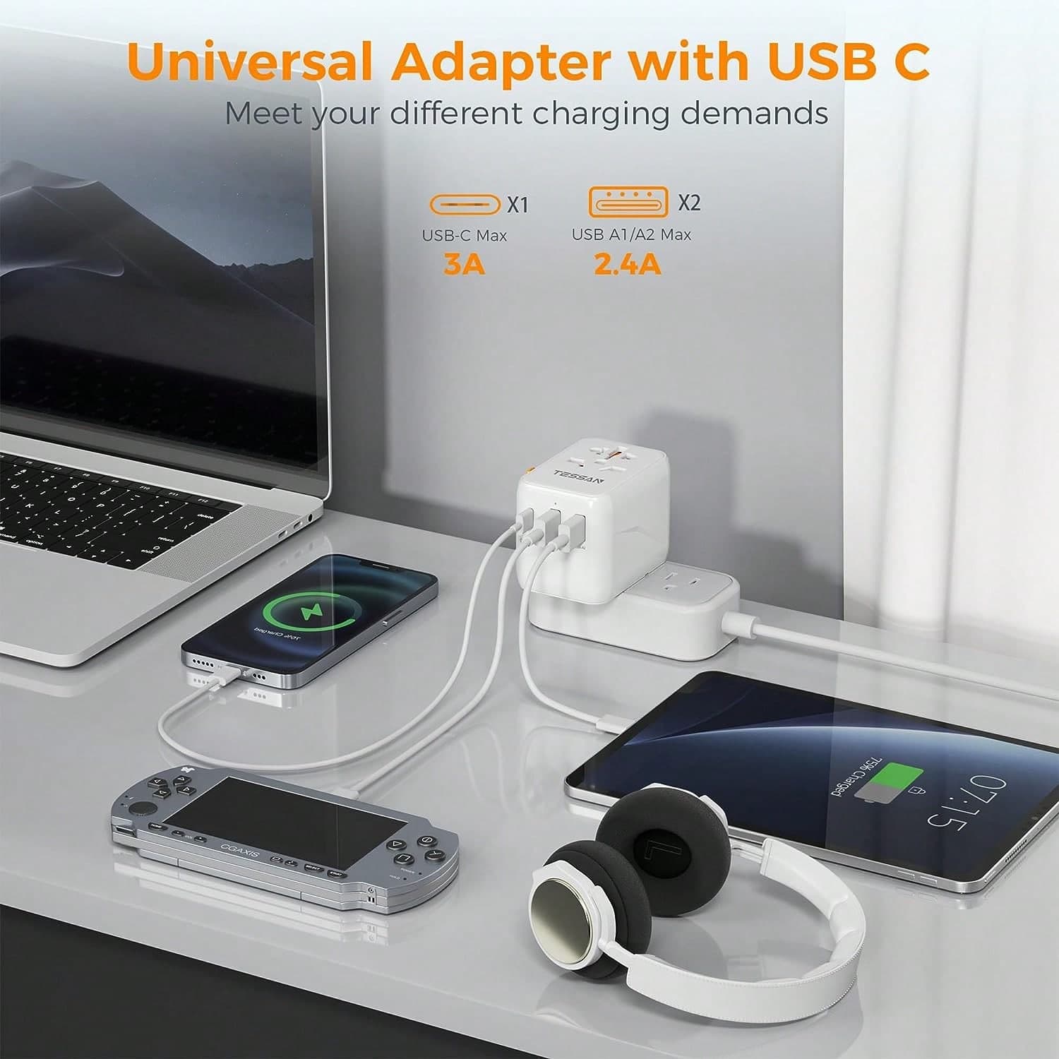 TESSAN Adaptateur Prise Universelle, Adaptateur Universel de Voyage avec 3 USB, Prise Internationale Voyage, Adaptateur Prise USA, Adaptateur Prise
